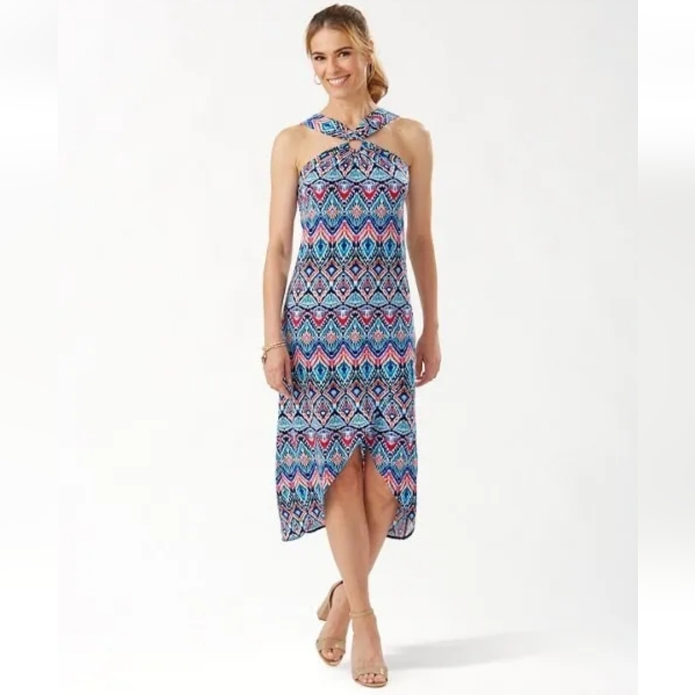TOMMY BAHAMA Prima Peacock Midi Hi Lo Halter Dress Blues Stretch Vacation Boho